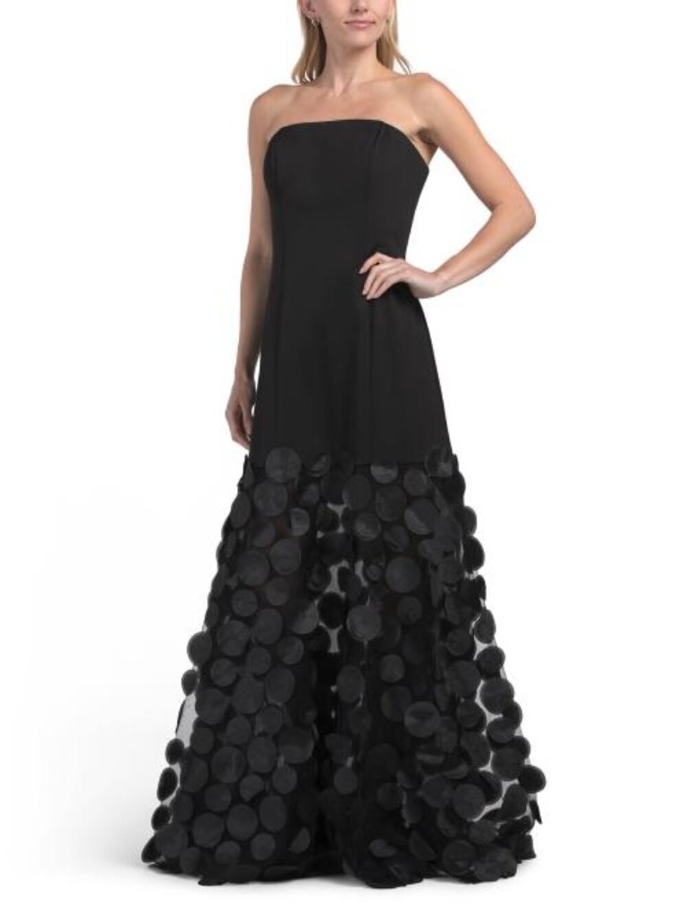 RENE BY RENE RUIZ strapless mixed media 3d motif gown